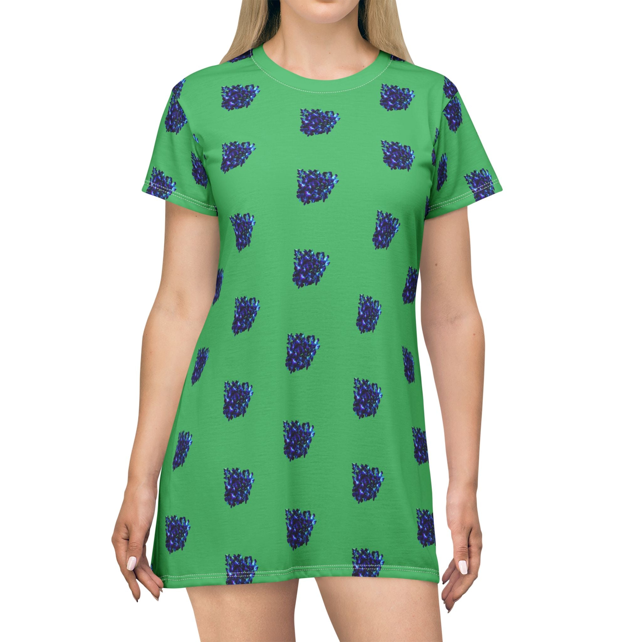 Blue Orchid Blooms Emerald Green T-Shirt Dress