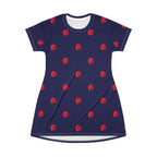 Red Rose Blooms Navy Blue T-Shirt Dress