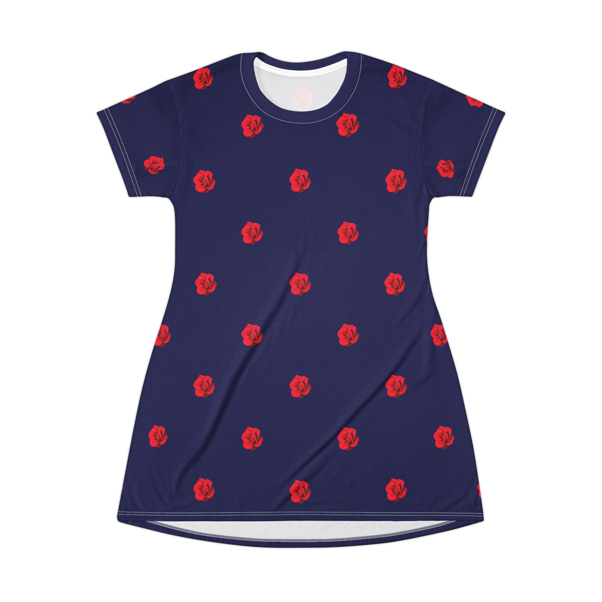Red Rose Blooms Navy Blue T-Shirt Dress
