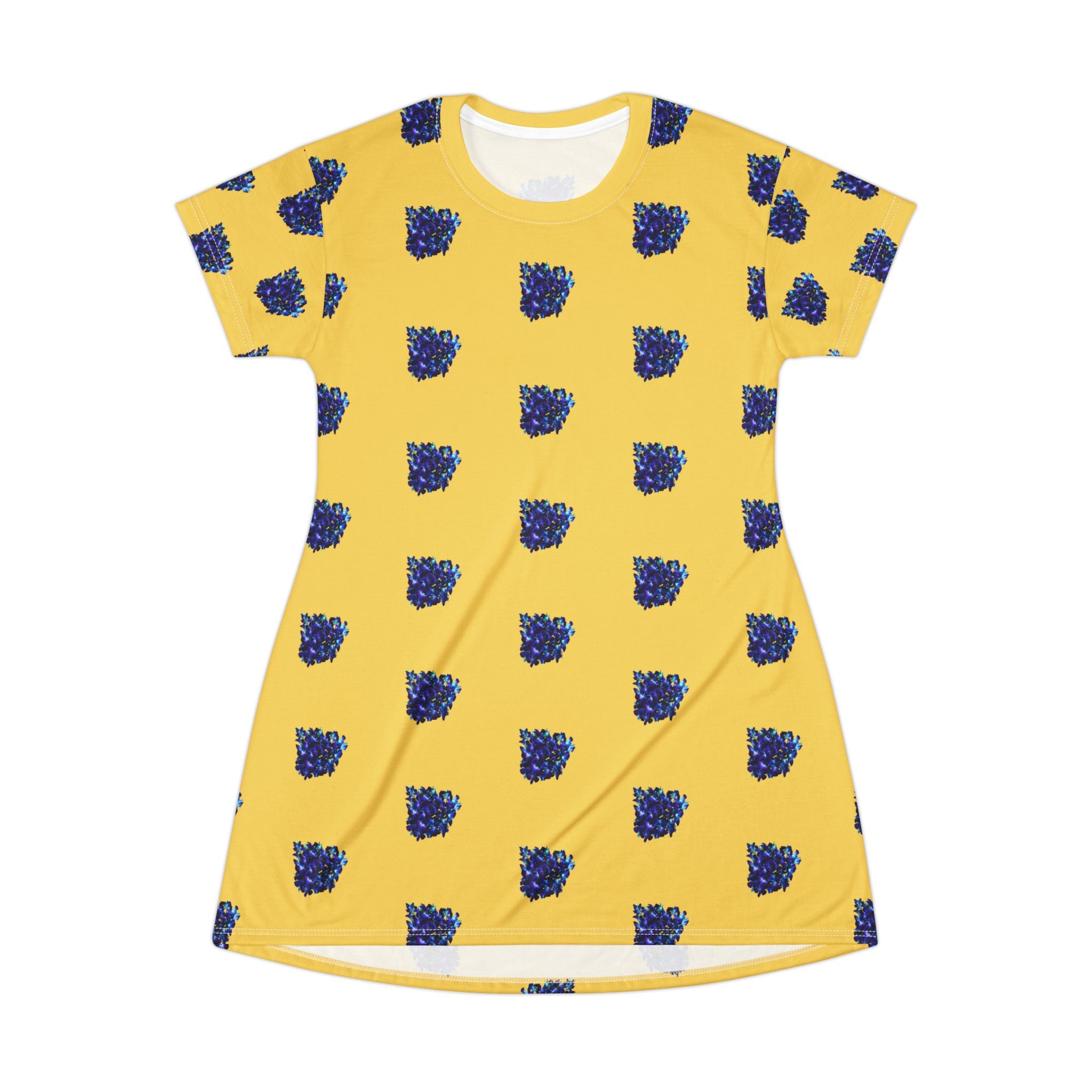Blue Orchid Blooms Mustard Yellow T-Shirt Dress