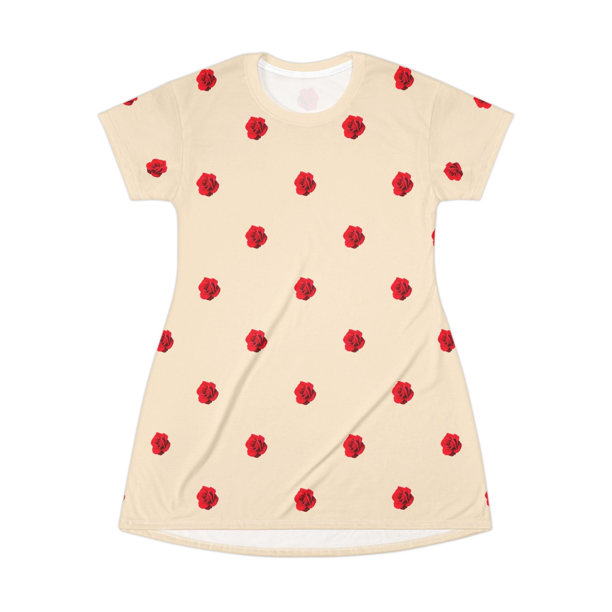 Red Rose Blooms Champagne T-Shirt Dress