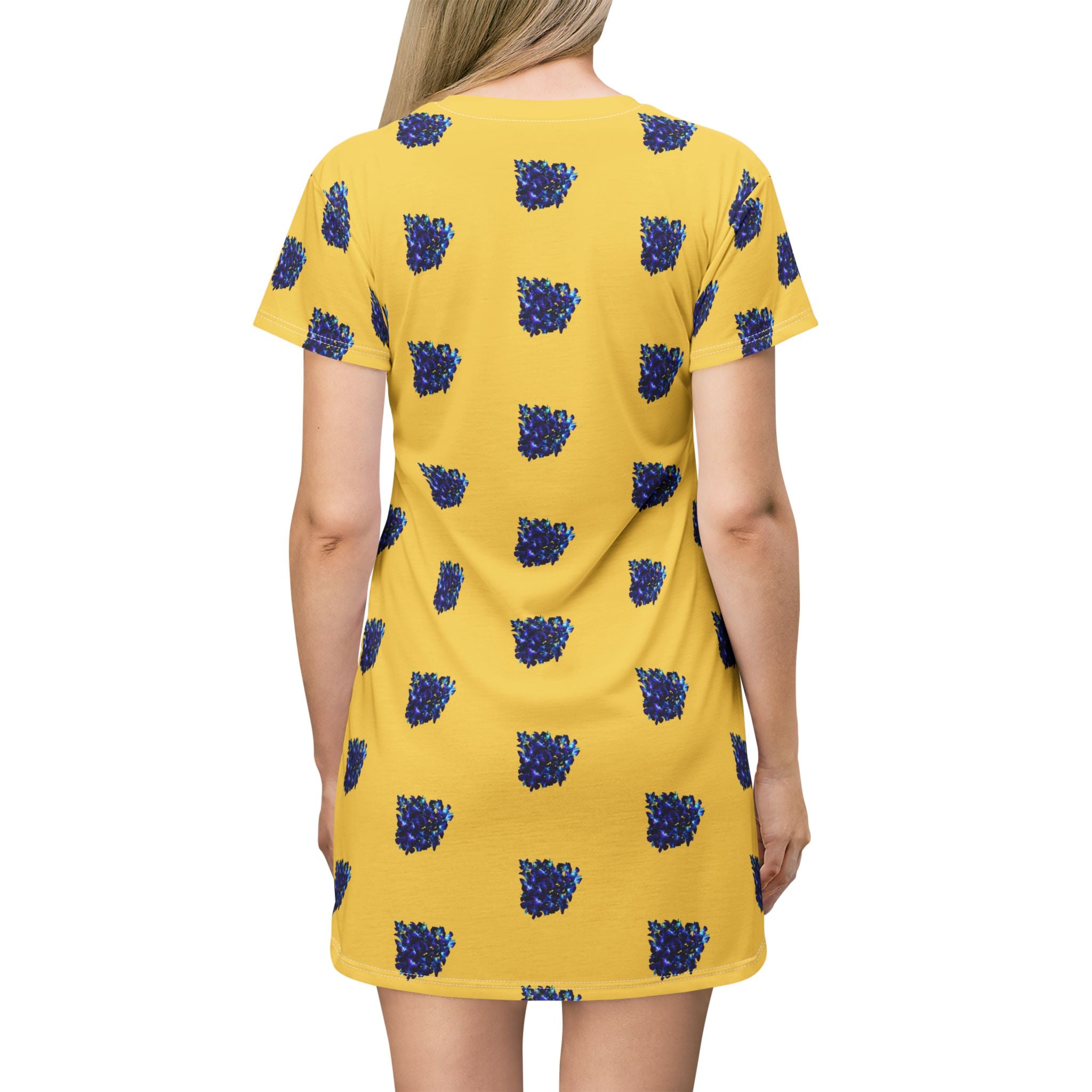 Blue Orchid Blooms Mustard Yellow T-Shirt Dress