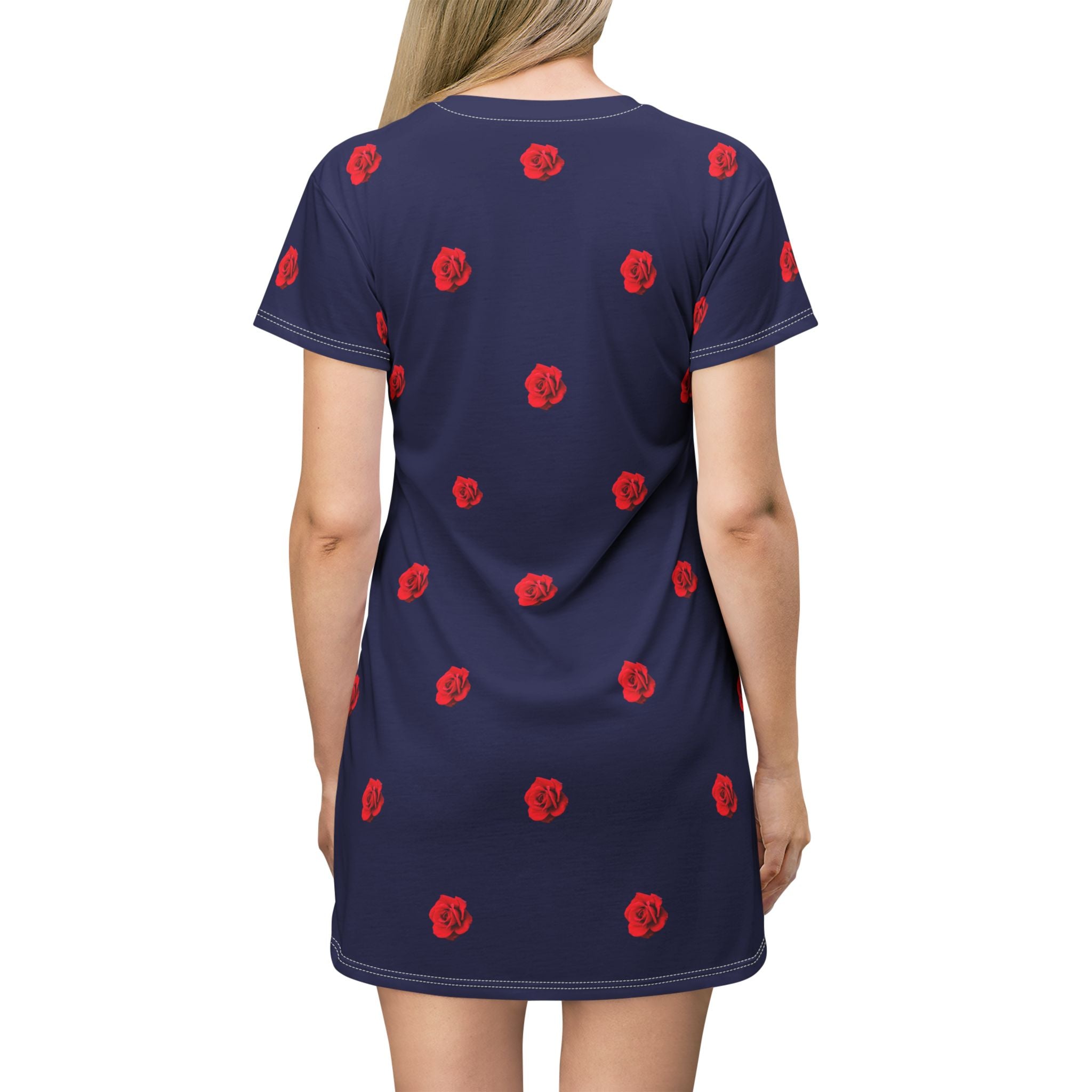 Red Rose Blooms Navy Blue T-Shirt Dress