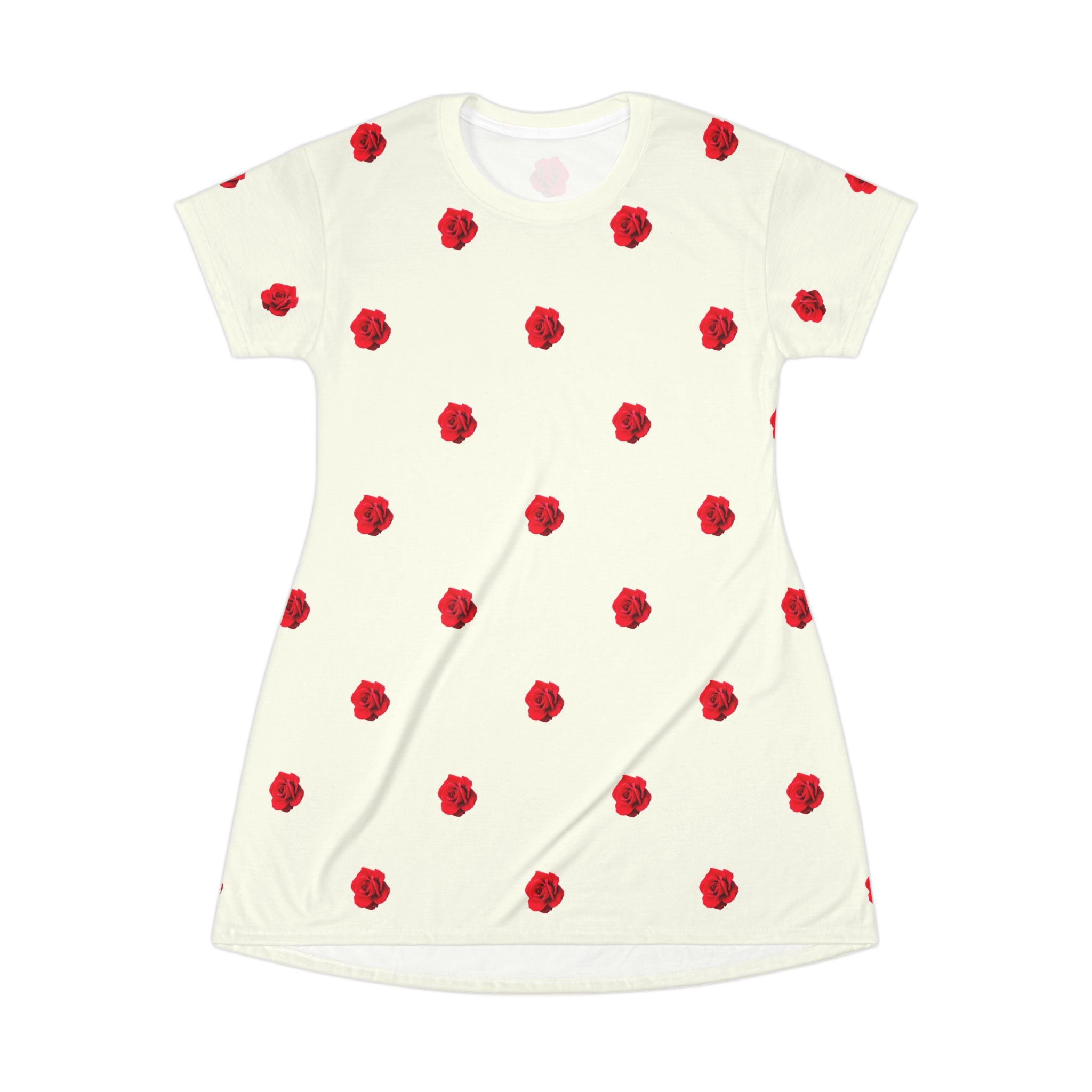 Red Rose Blooms Ivory Cream T-Shirt Dress
