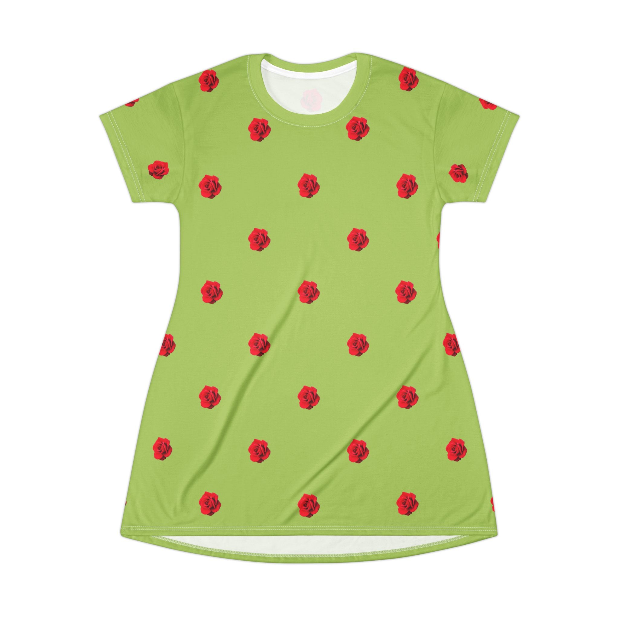 Red Rose Blooms Sage Green T-Shirt Dress