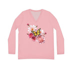 Flowers Bloom Butterflies Dance V-neck Pastel Pink Shirt
