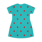 Red Rose Blooms Teal T-Shirt Dress