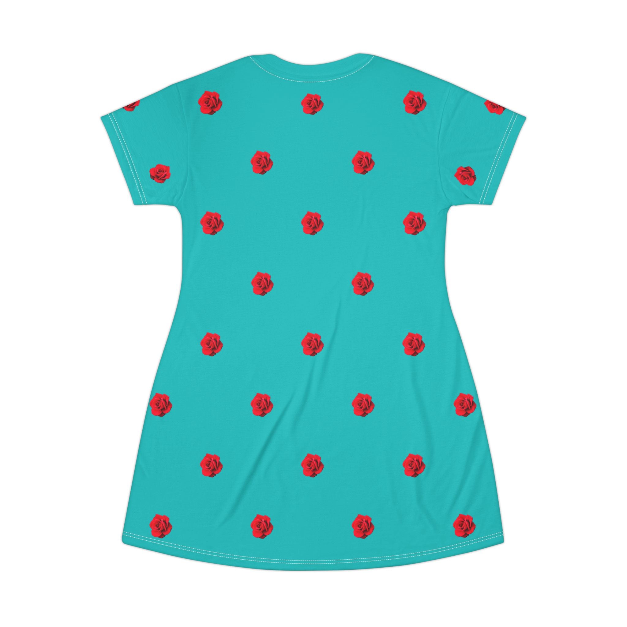 Red Rose Blooms Teal T-Shirt Dress