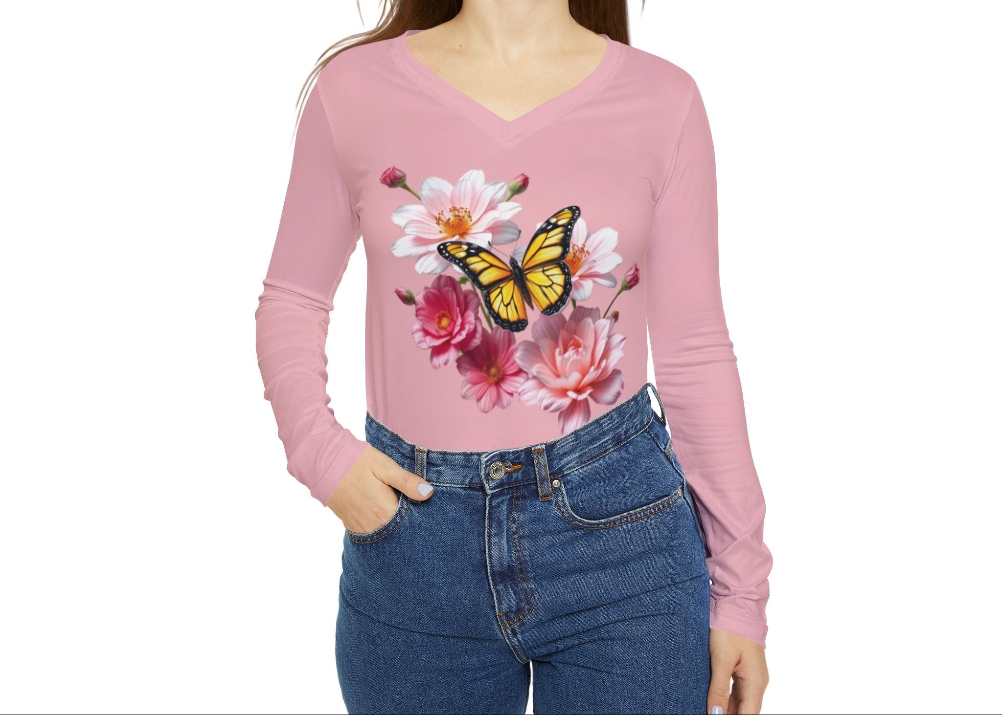 Flowers Bloom Butterflies Dance V-neck Pastel Pink Shirt