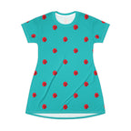 Red Rose Blooms Teal T-Shirt Dress