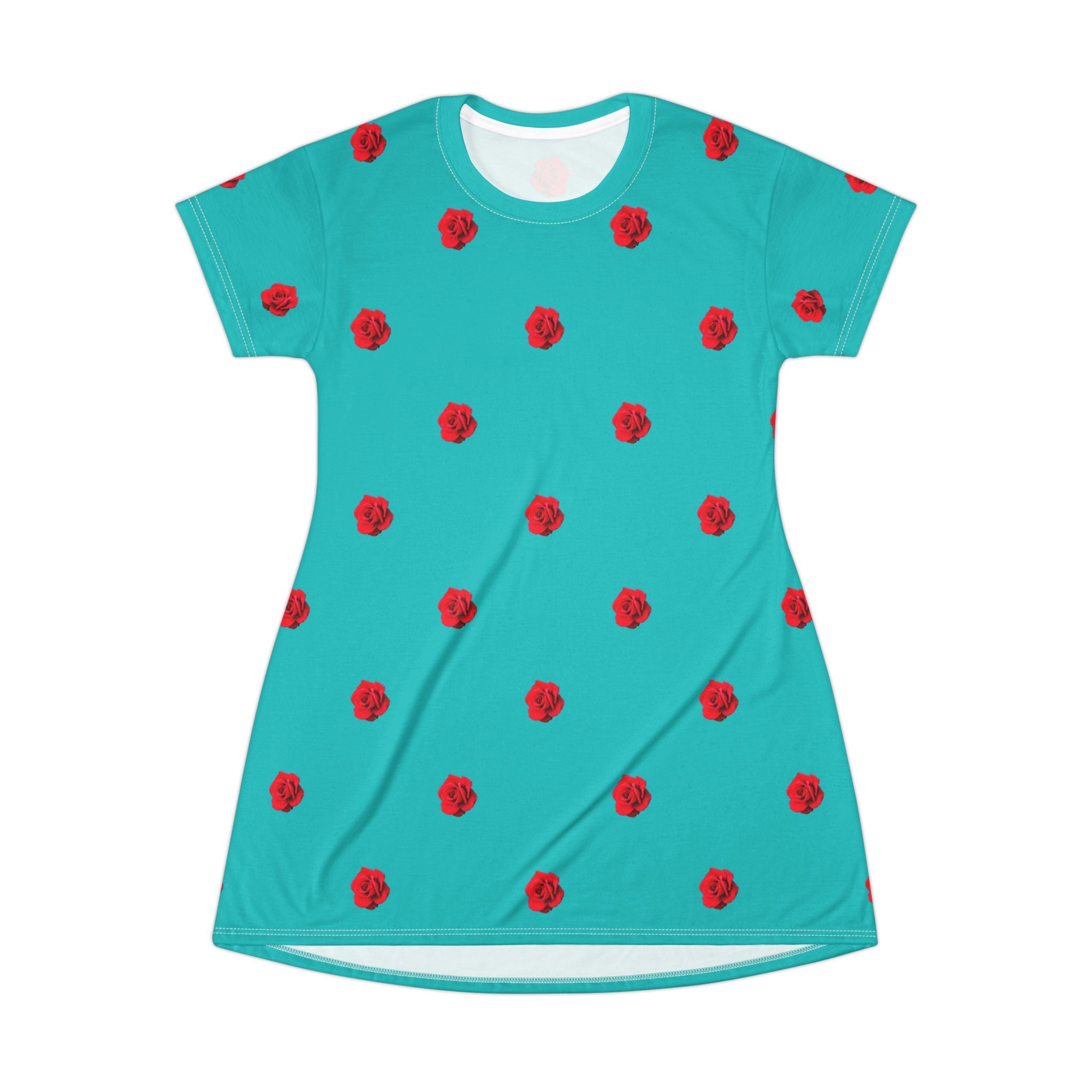 Red Rose Blooms Teal T-Shirt Dress