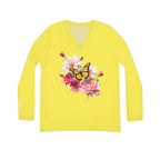 Flowers Bloom Butterflies Dance V-neck Lemon Yellow Shirt