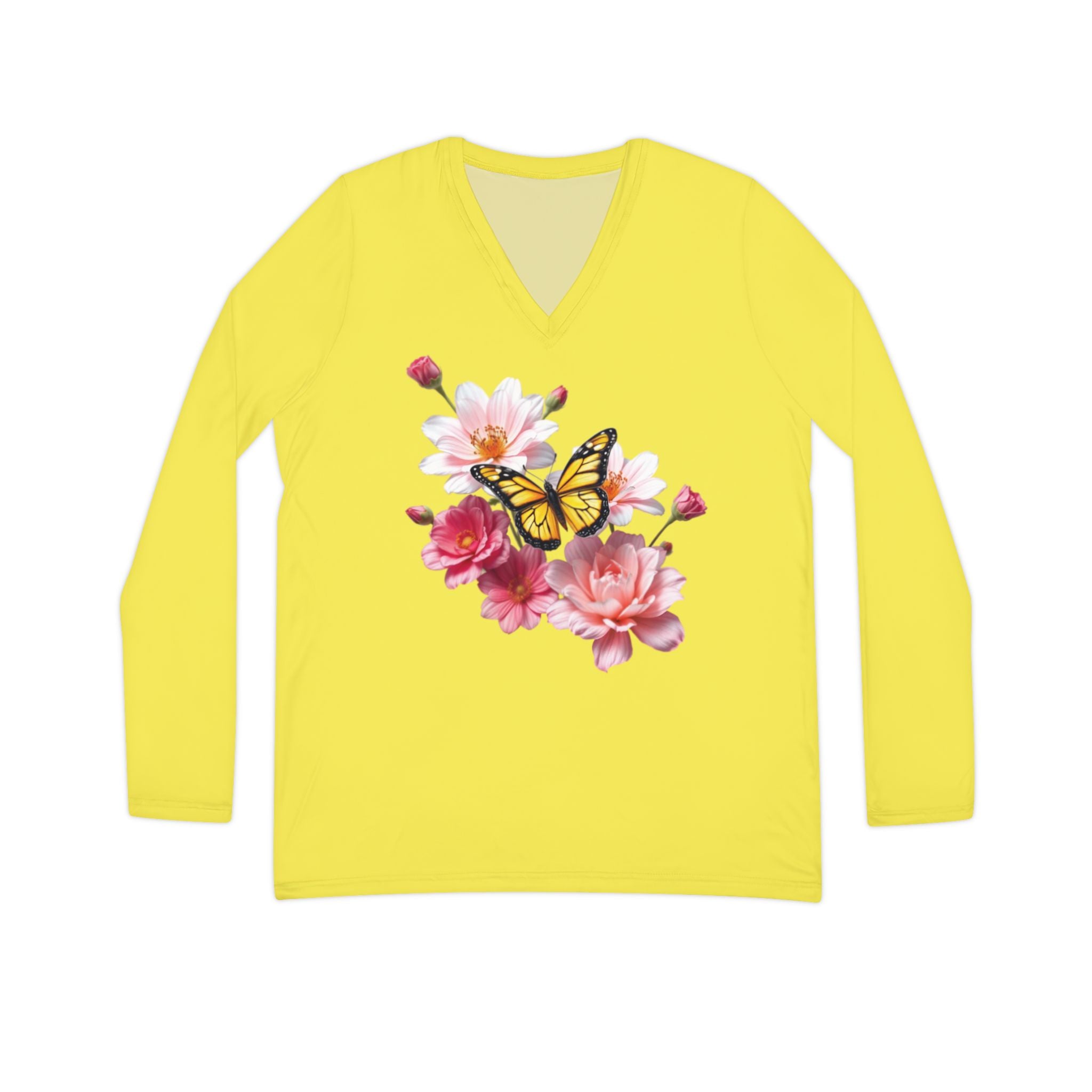 Flowers Bloom Butterflies Dance V-neck Lemon Yellow Shirt