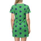 Blue Orchid Blooms Emerald Green T-Shirt Dress