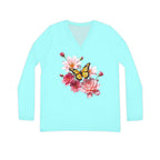 Flowers Bloom Butterflies Dance V-neck Celeste Pallido Shirt