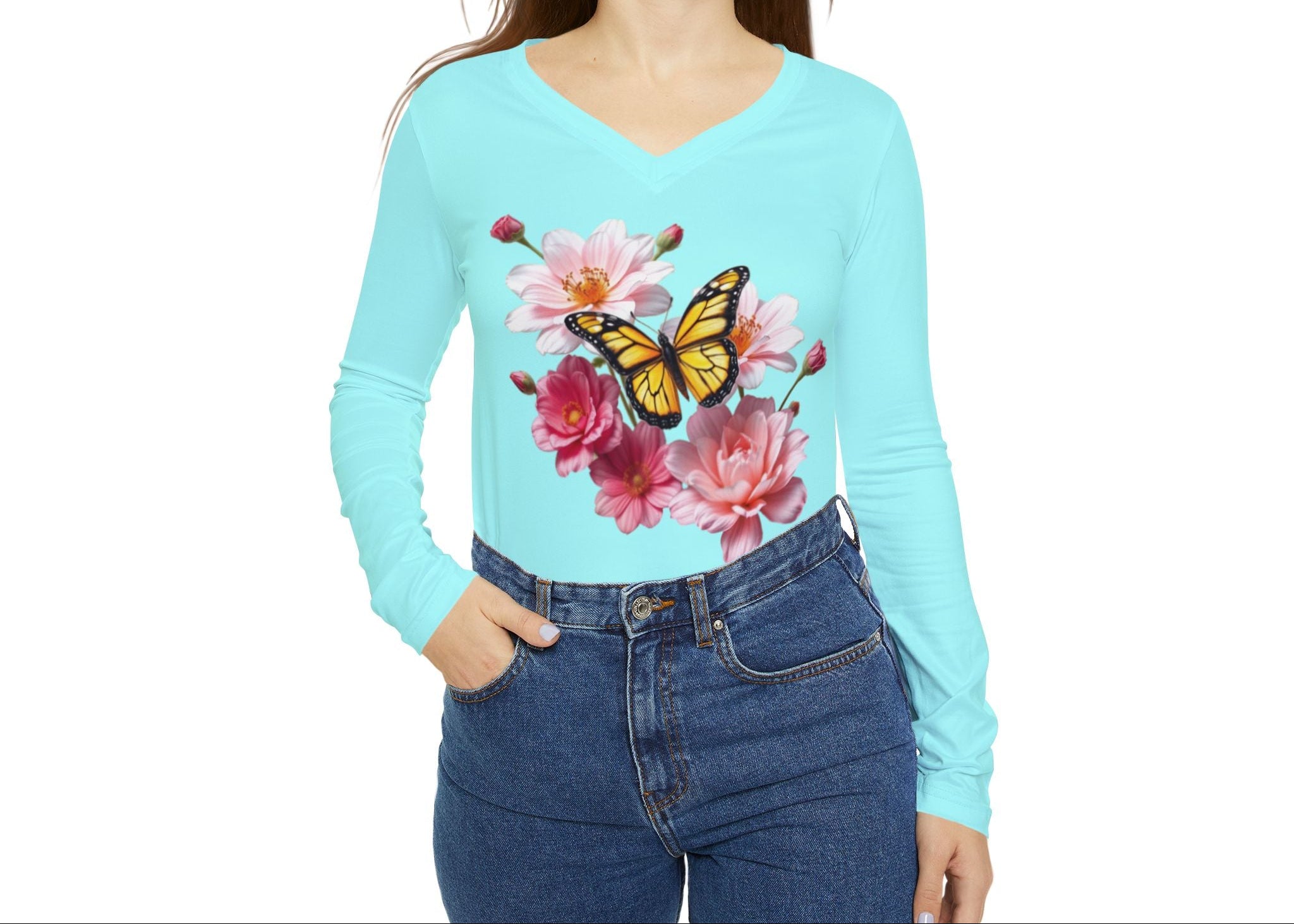 Flowers Bloom Butterflies Dance V-neck Celeste Pallido Shirt