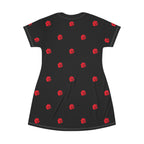 Red Rose Blooms Black T-Shirt Dress