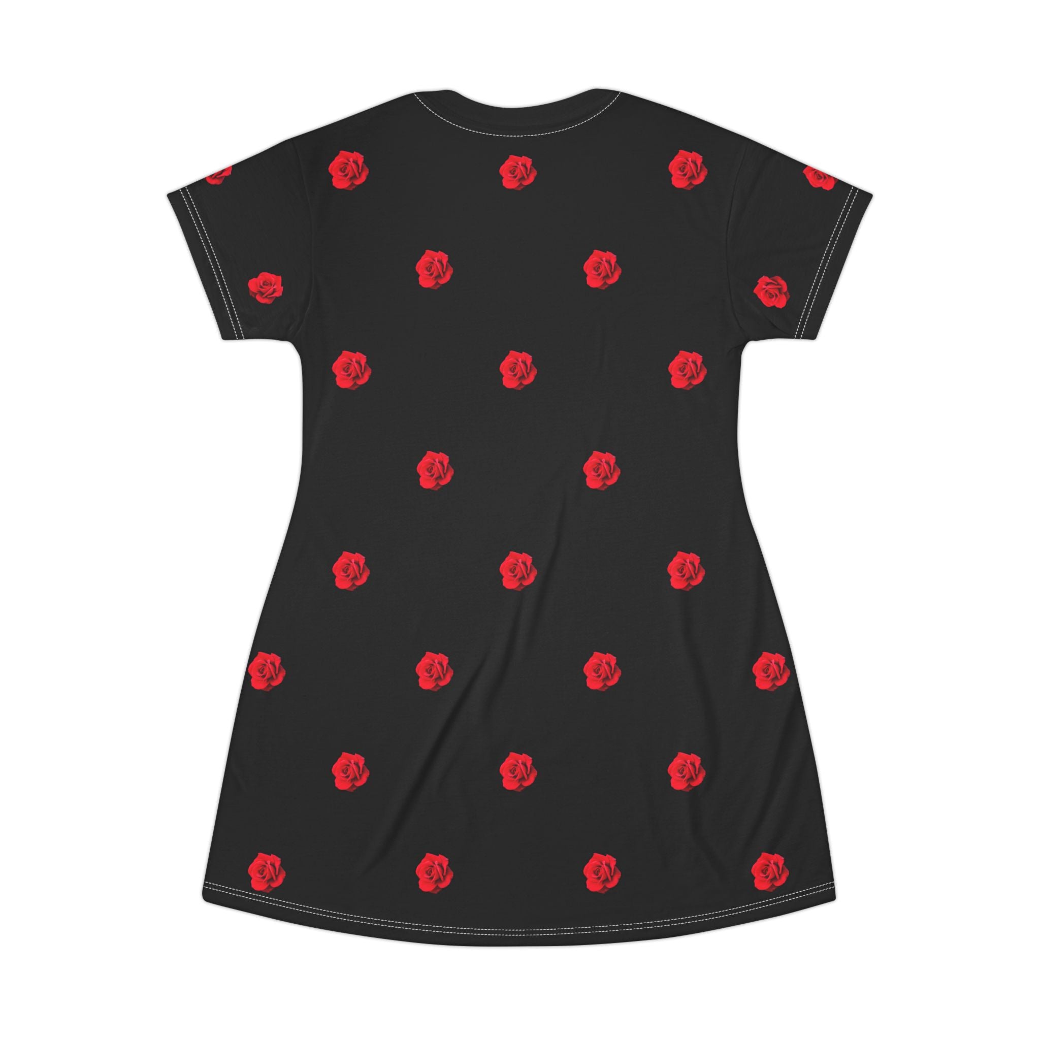 Red Rose Blooms Black T-Shirt Dress