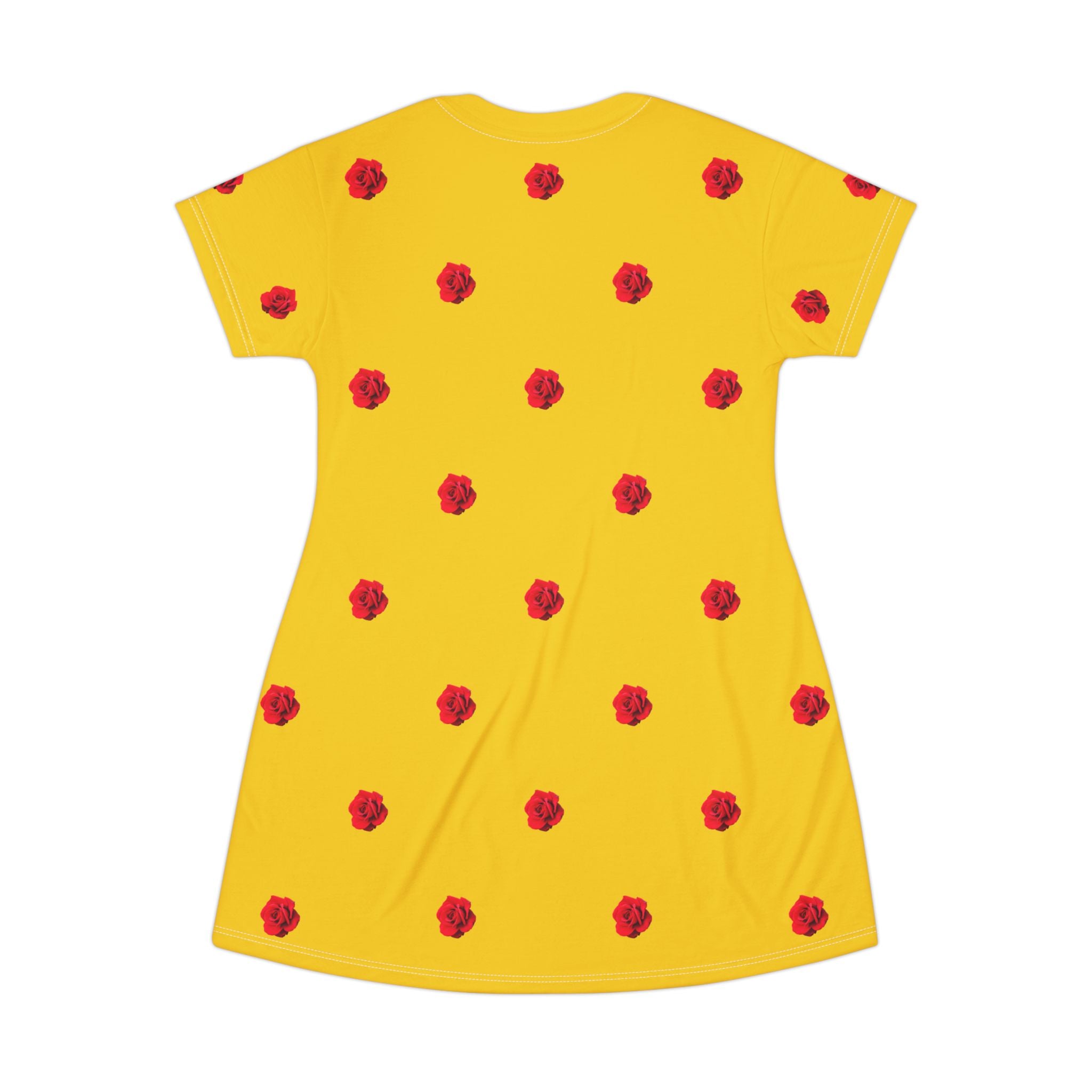 Red Rose Blooms Gold T-Shirt Dress