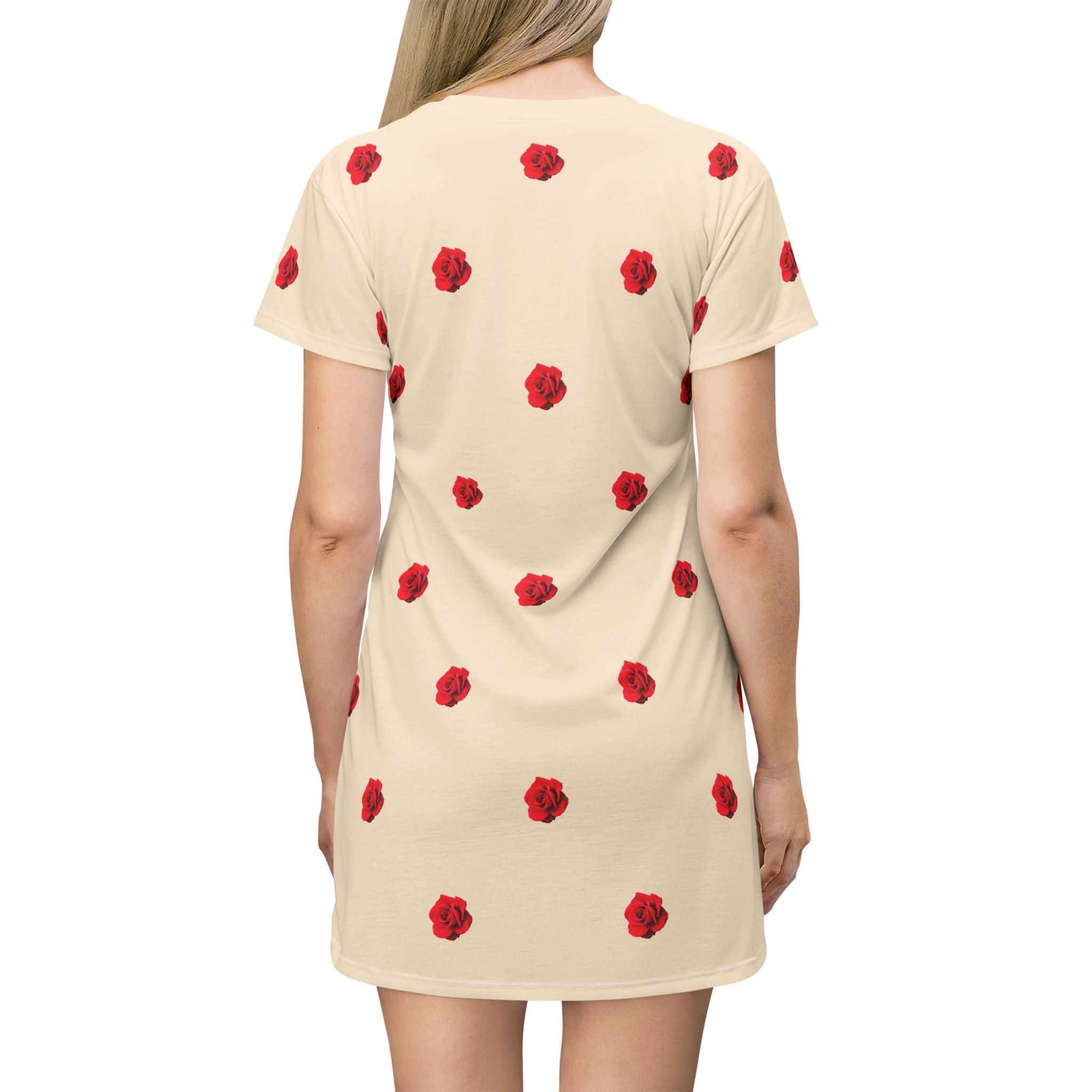 Red Rose Blooms Champagne T-Shirt Dress