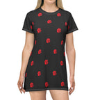 Red Rose Blooms Black T-Shirt Dress