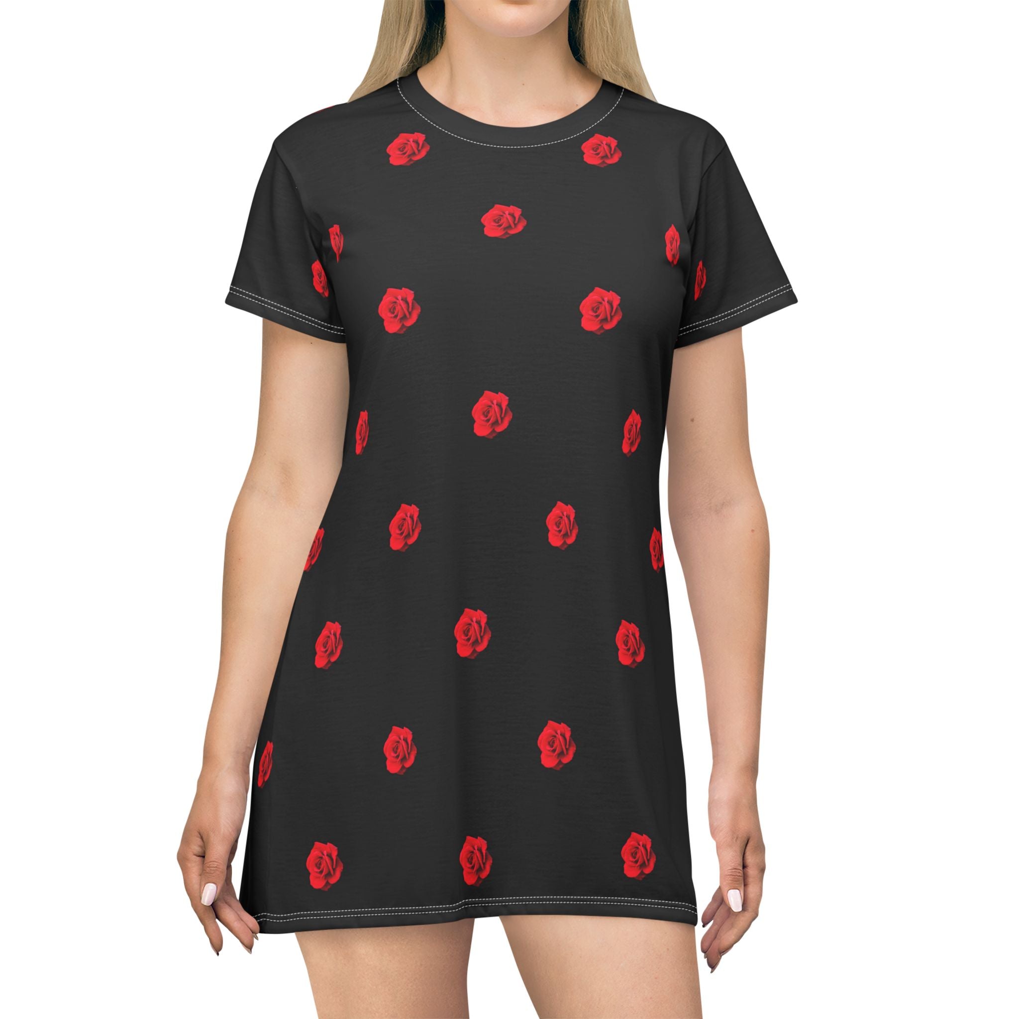 Red Rose Blooms Black T-Shirt Dress