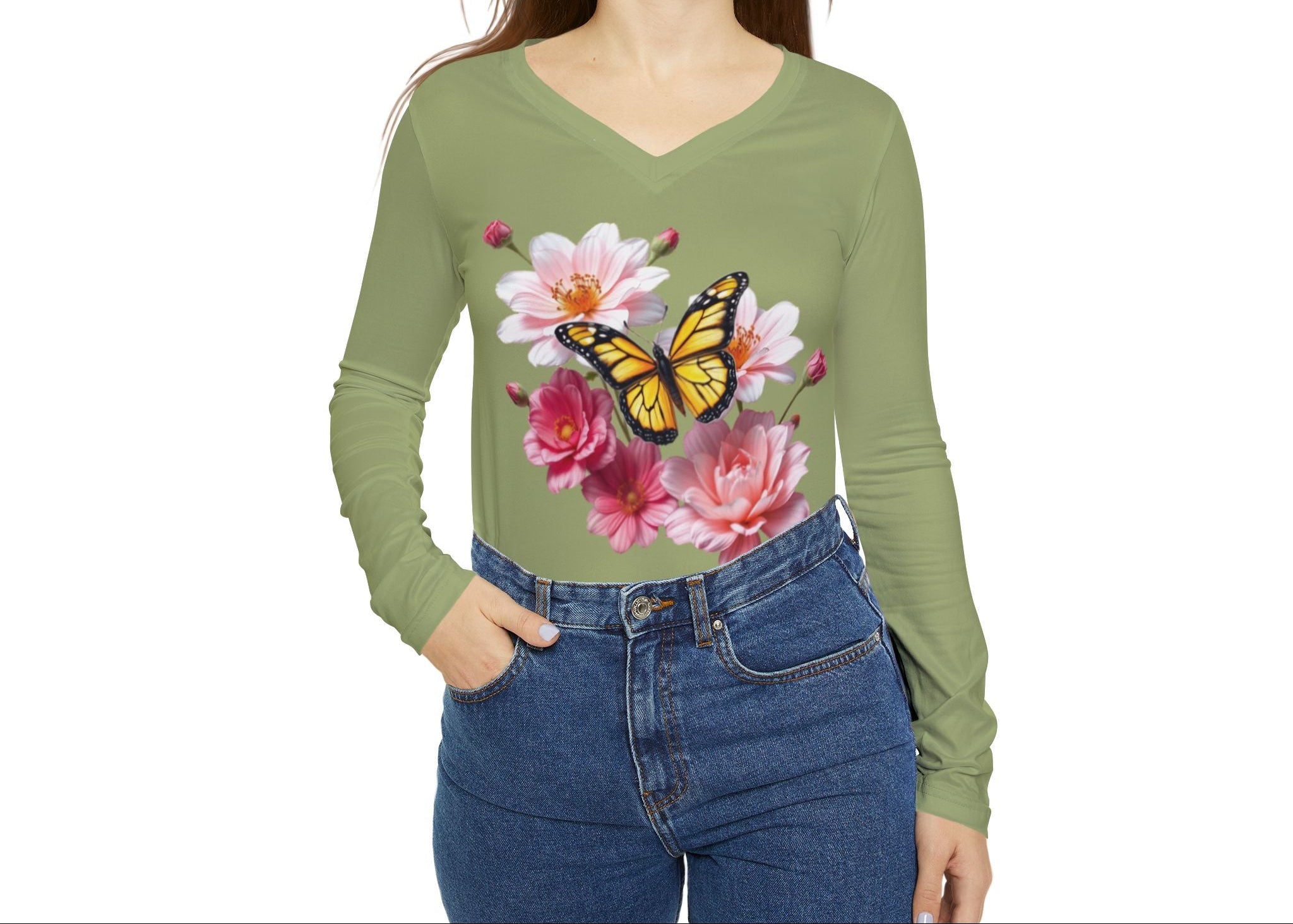 Flowers Bloom Butterflies Dance V-neck Olive Green Shirt