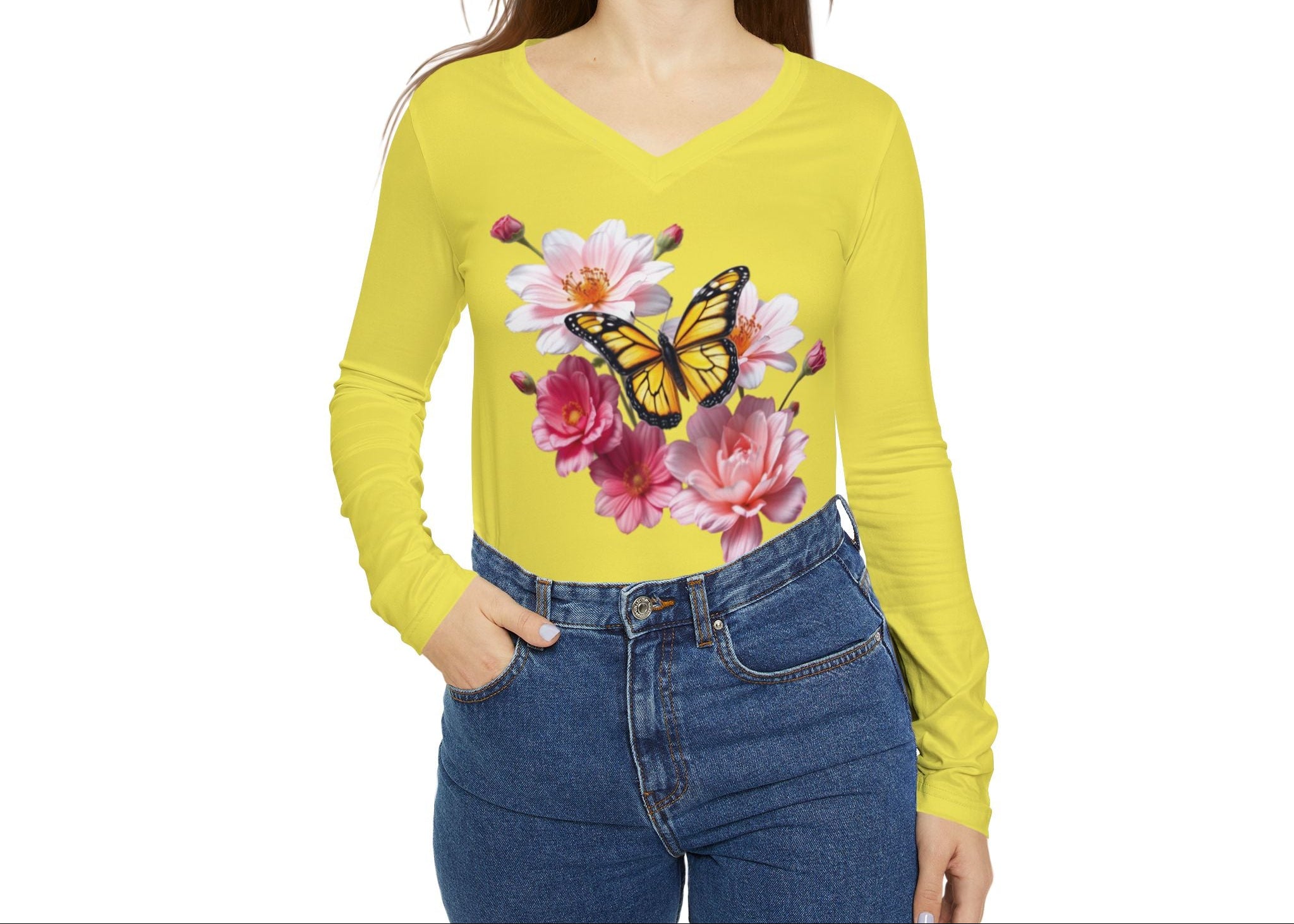 Flowers Bloom Butterflies Dance V-neck Lemon Yellow Shirt