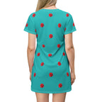 Red Rose Blooms Teal T-Shirt Dress