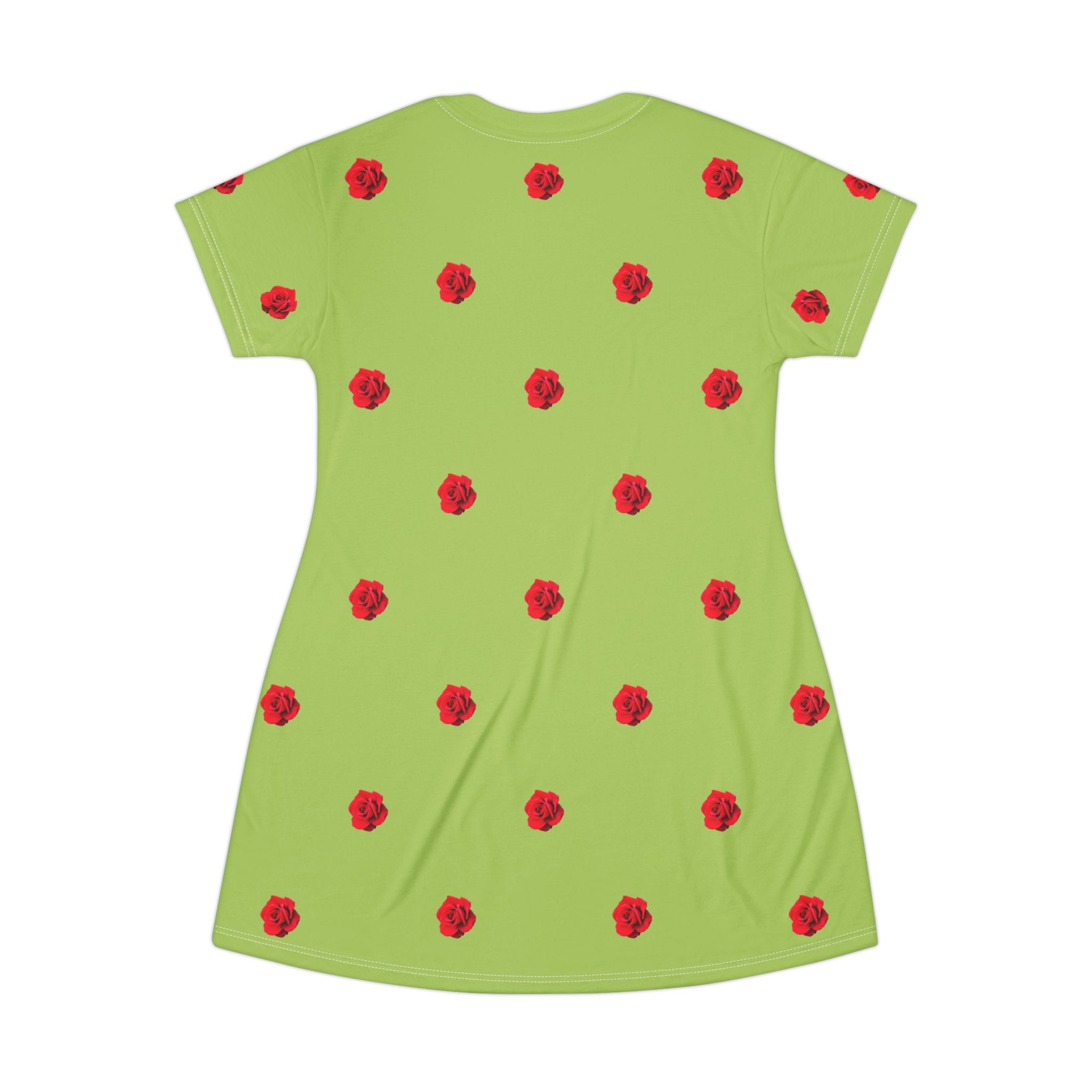 Red Rose Blooms Sage Green T-Shirt Dress