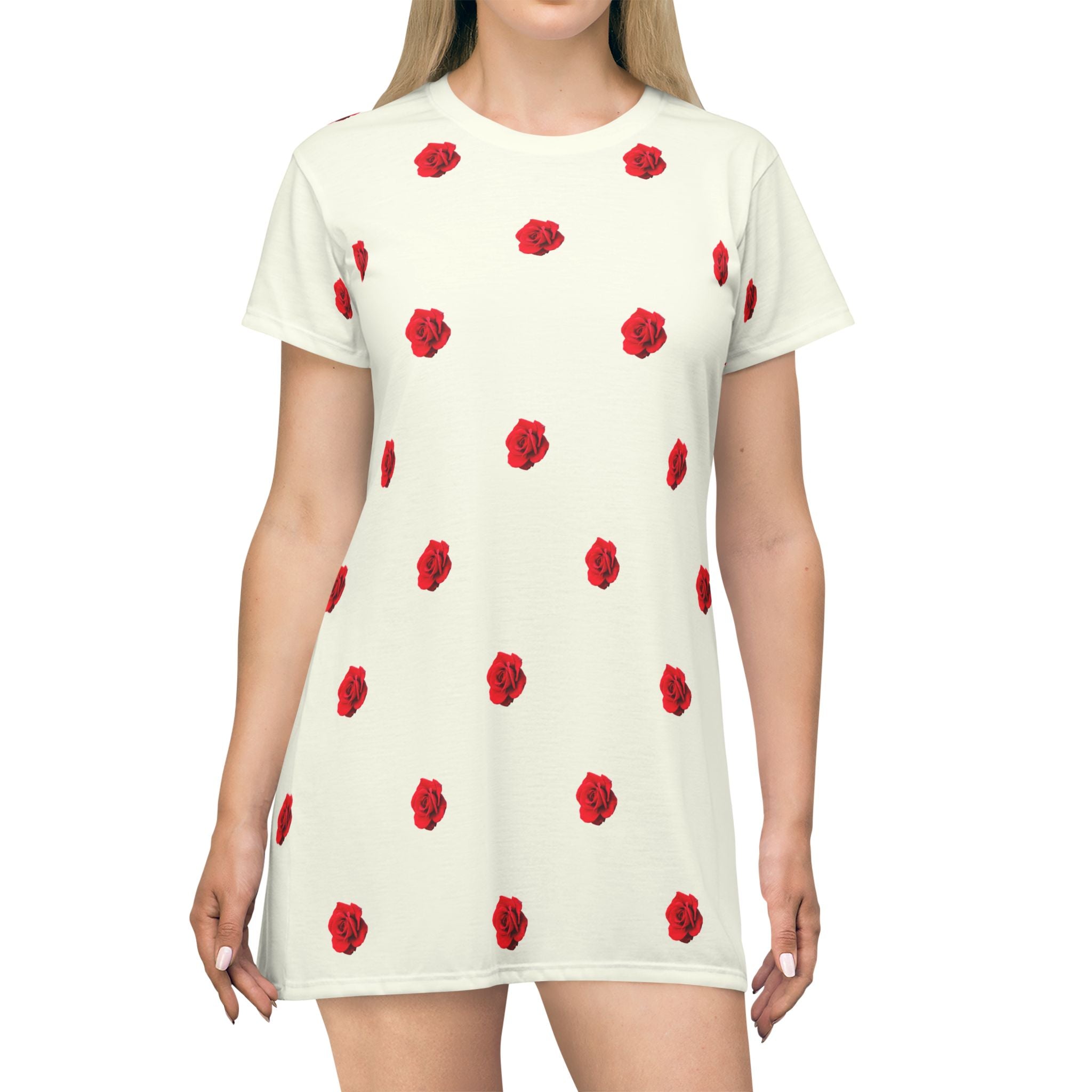 Red Rose Blooms Ivory Cream T-Shirt Dress