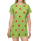 Red Rose Blooms Sage Green T-Shirt Dress