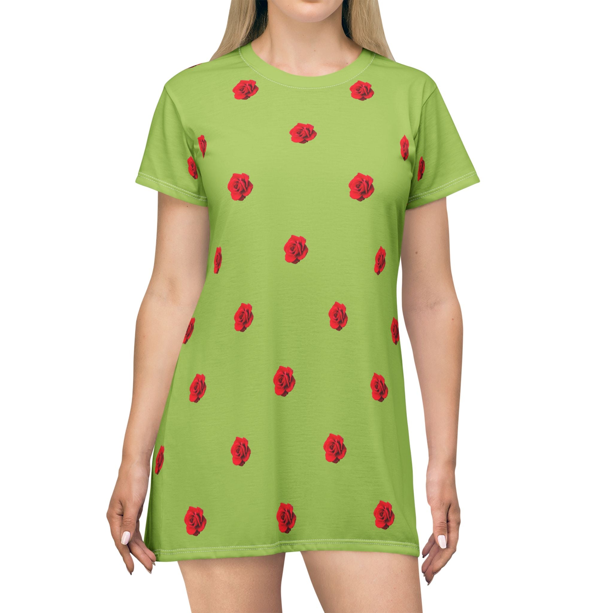 Red Rose Blooms Sage Green T-Shirt Dress