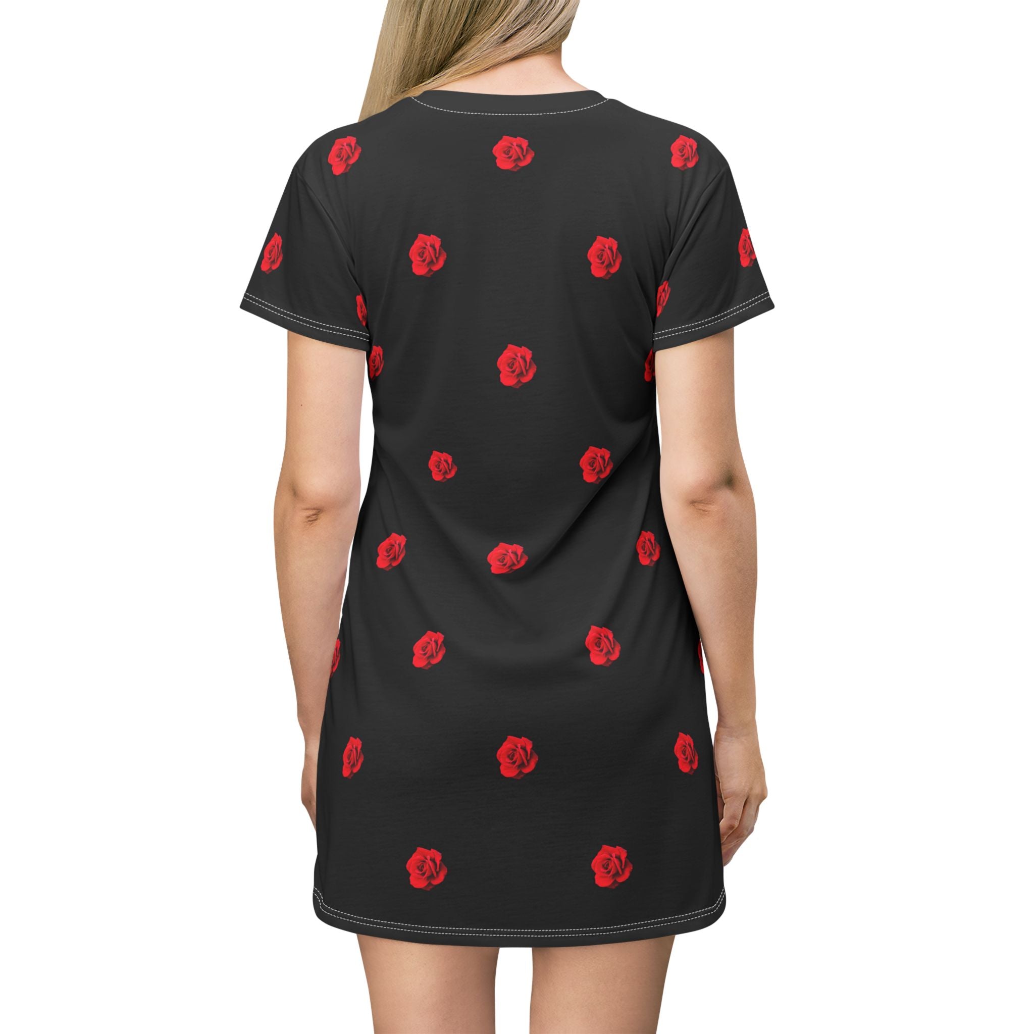 Red Rose Blooms Black T-Shirt Dress