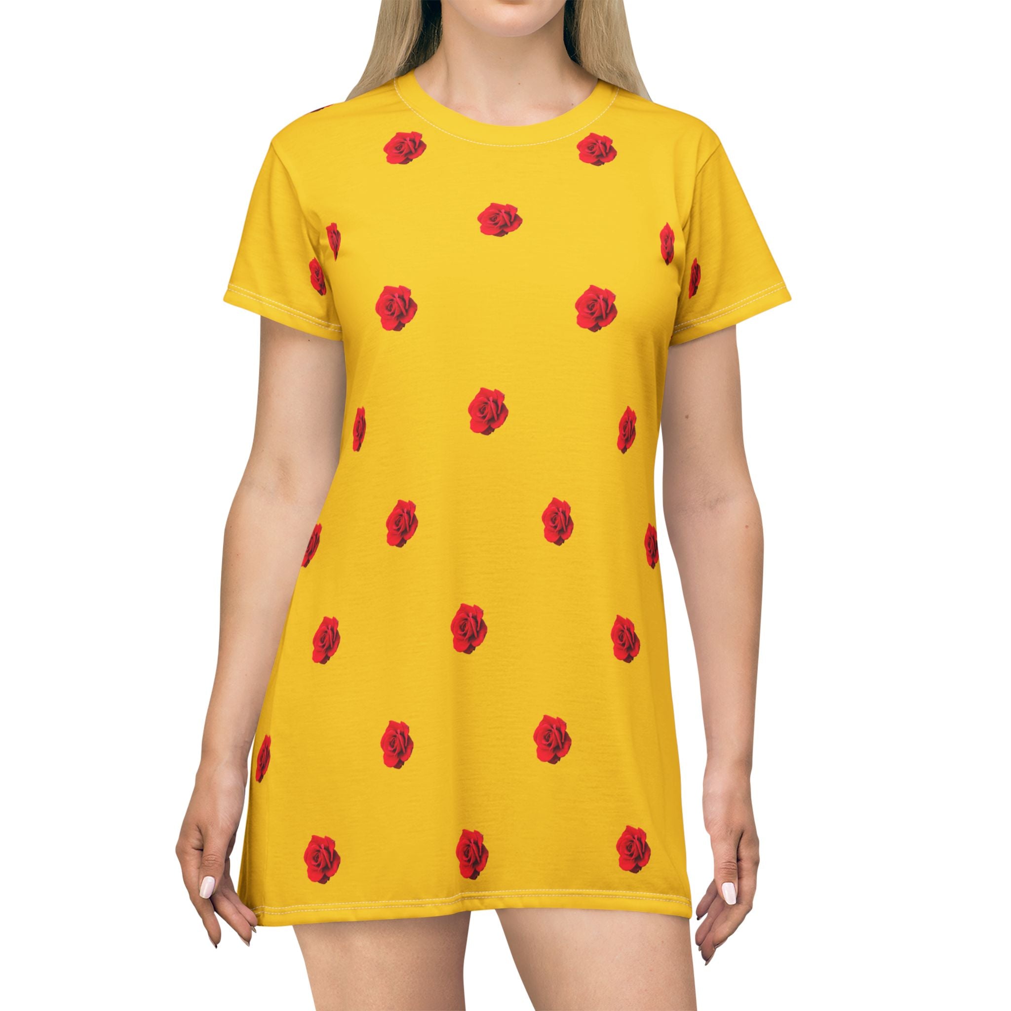 Red Rose Blooms Gold T-Shirt Dress
