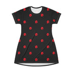 Red Rose Blooms Black T-Shirt Dress