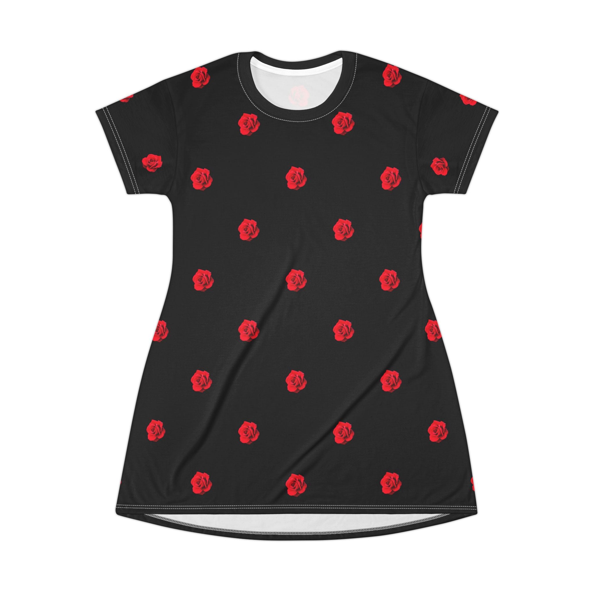 Red Rose Blooms Black T-Shirt Dress
