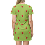Red Rose Blooms Sage Green T-Shirt Dress
