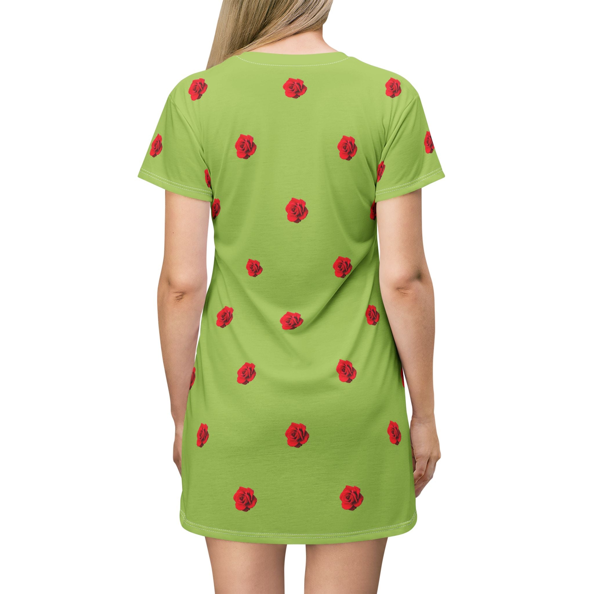 Red Rose Blooms Sage Green T-Shirt Dress