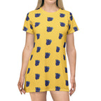 Blue Orchid Blooms Mustard Yellow T-Shirt Dress