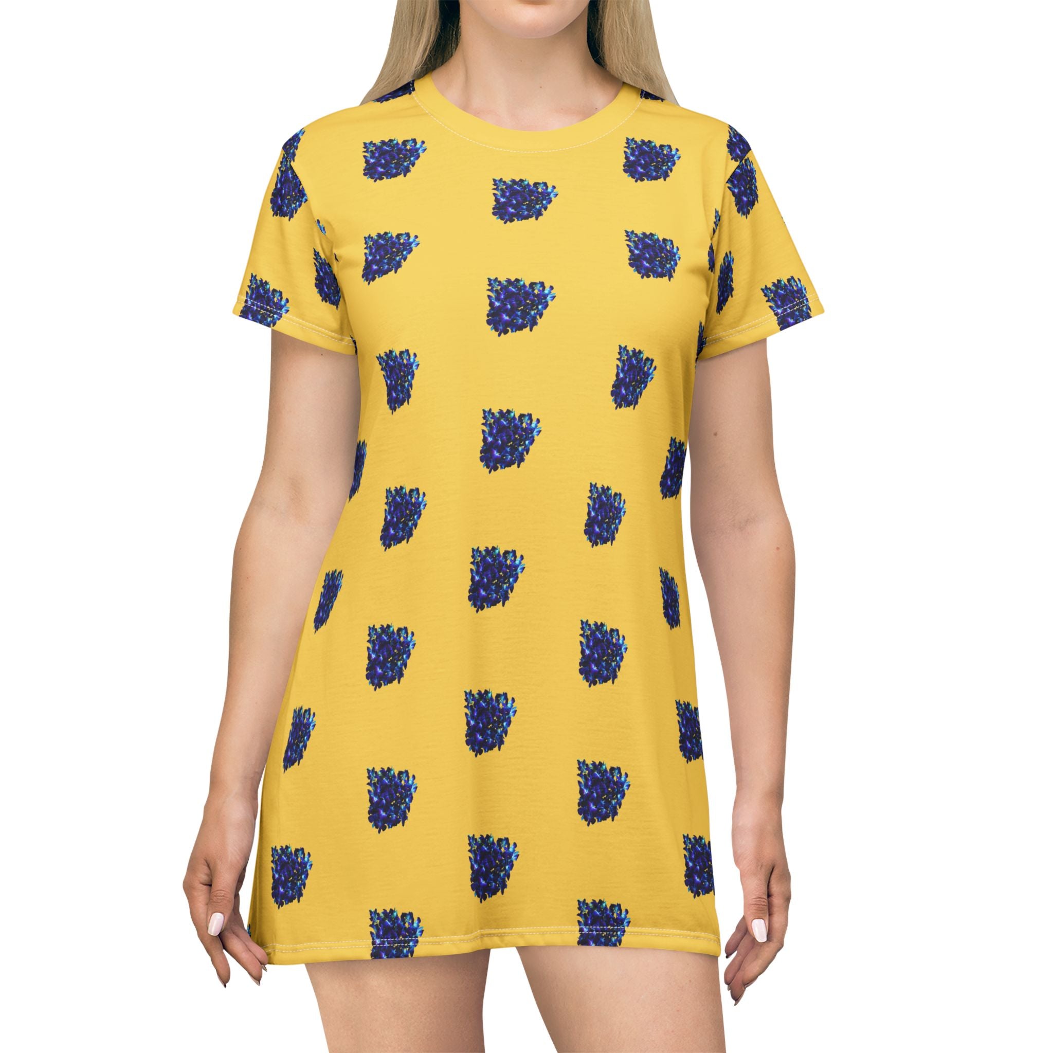 Blue Orchid Blooms Mustard Yellow T-Shirt Dress