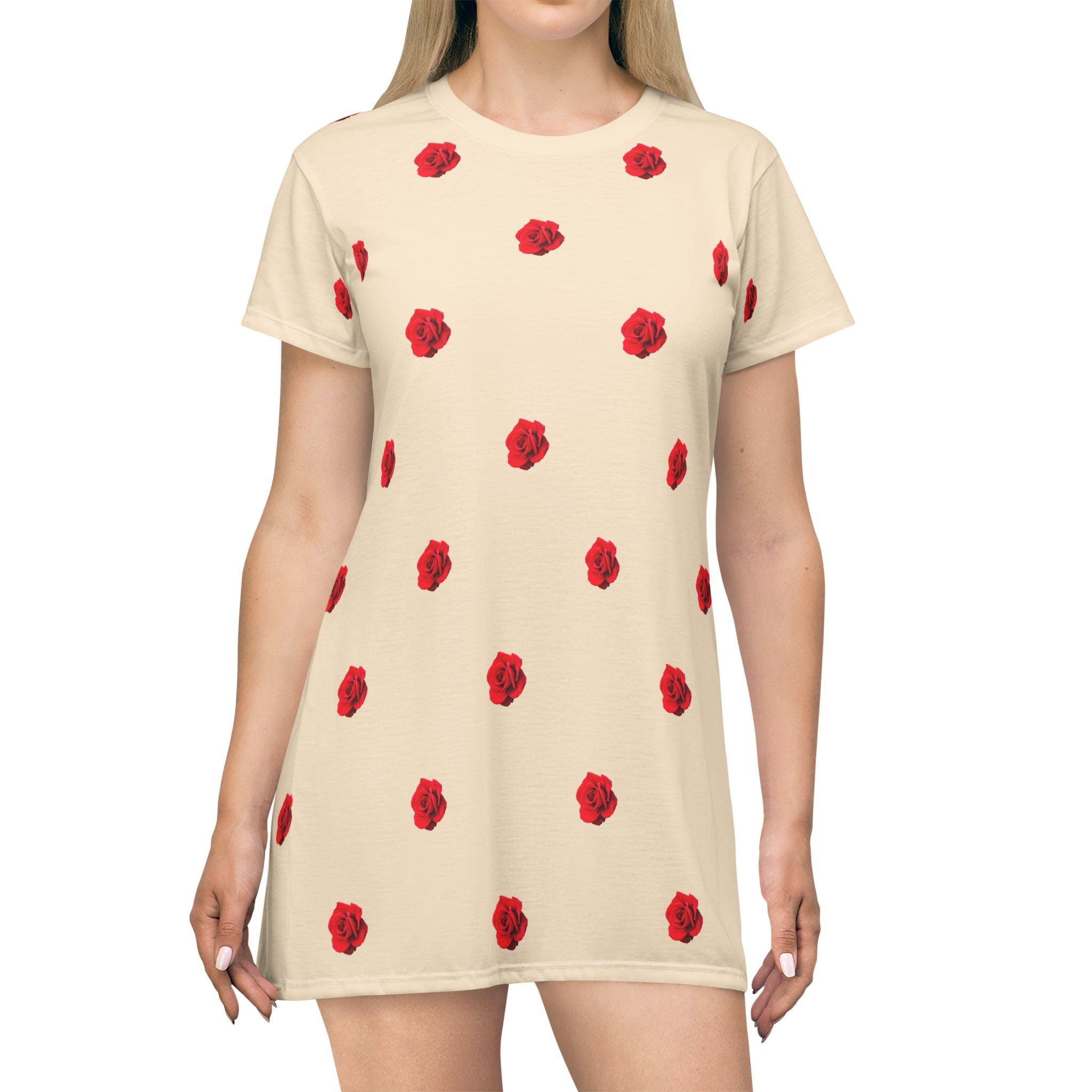 Red Rose Blooms Champagne T-Shirt Dress