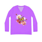 Flowers Bloom Butterflies Dance V-neck Orchid Purple Shirt