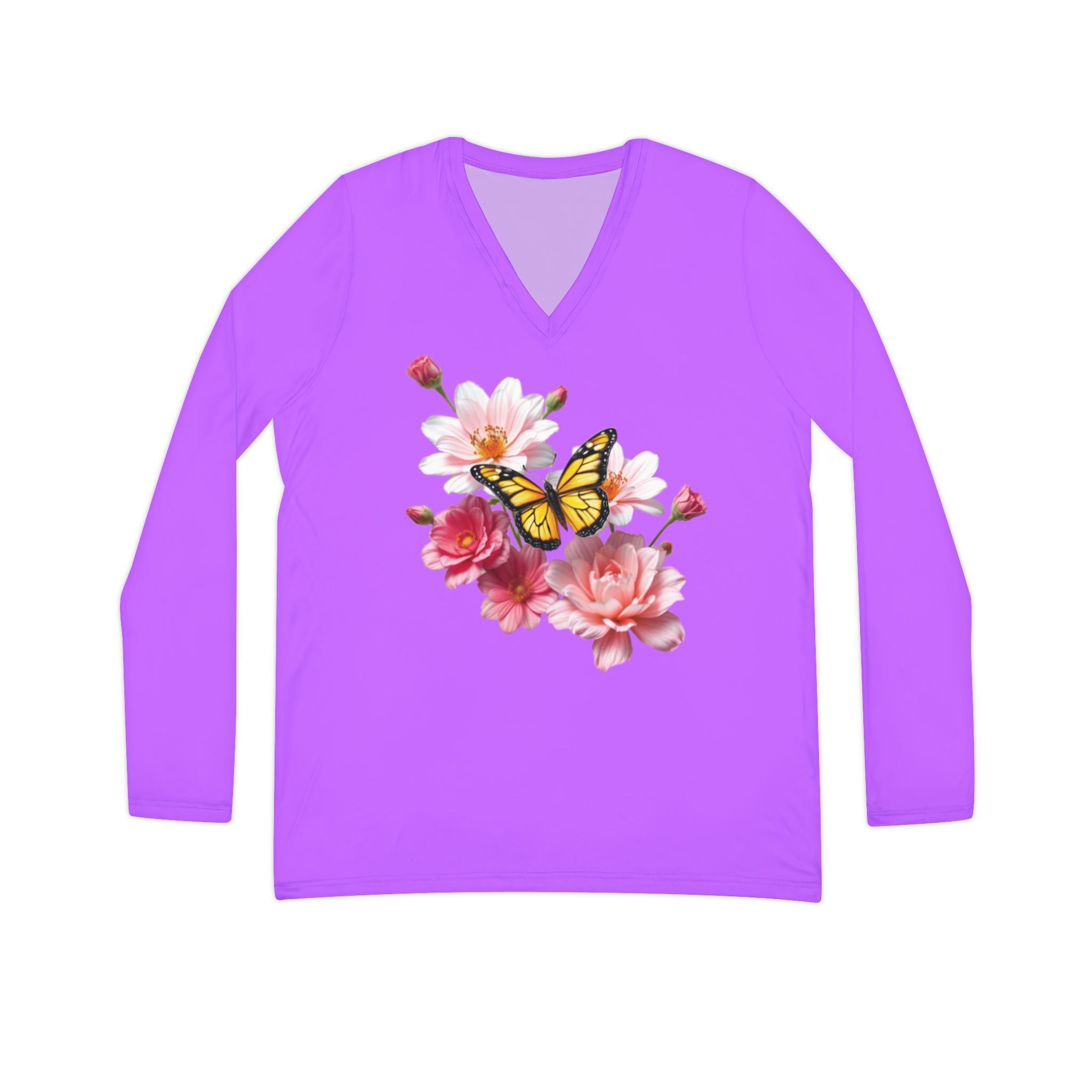 Flowers Bloom Butterflies Dance V-neck Orchid Purple Shirt