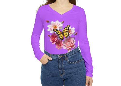 Flowers Bloom Butterflies Dance V-neck Orchid Purple Shirt