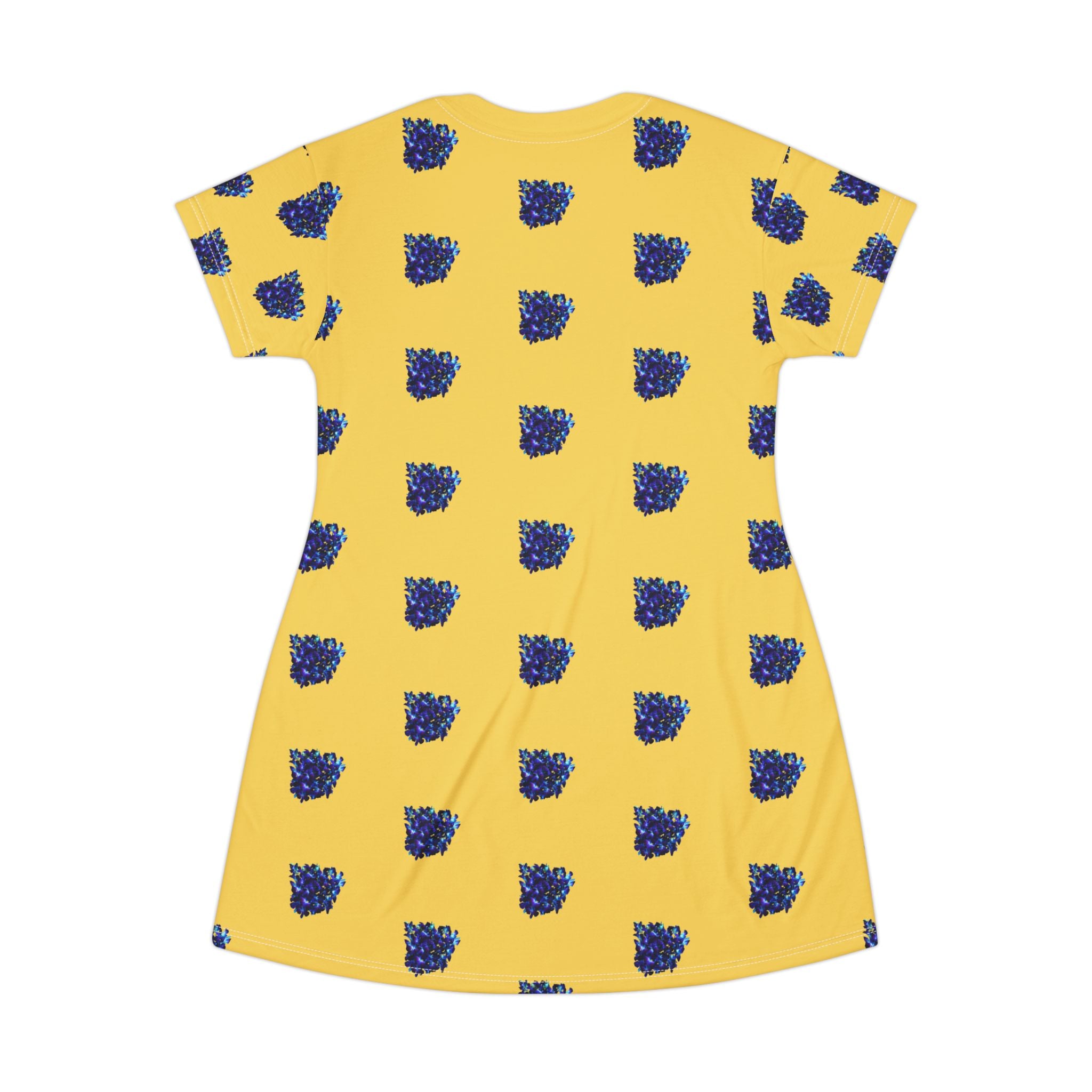 Blue Orchid Blooms Mustard Yellow T-Shirt Dress