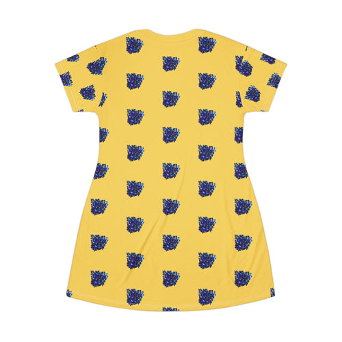 Blue Orchid Blooms Mustard Yellow T-Shirt Dress