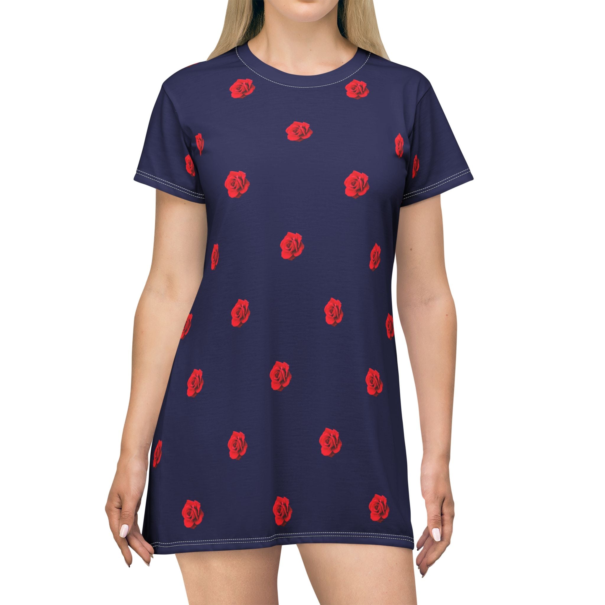 Red Rose Blooms Navy Blue T-Shirt Dress