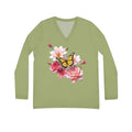 Flowers Bloom Butterflies Dance V-neck Olive Green Shirt