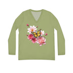 Flowers Bloom Butterflies Dance V-neck Olive Green Shirt